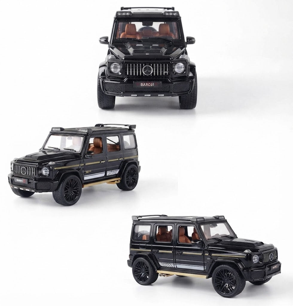 Three views of a black Mercedes-Benz G-Class toy car on a clean white background, showing the front, three-quarter side, and rear-three-quarter angles.