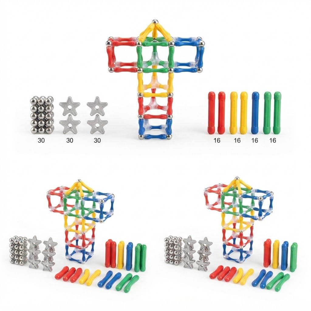 Magnetic building toy set with colorful rods, silver ball magnets, and star-shaped magnets, arranged on a white background with example structures and quantity labels.