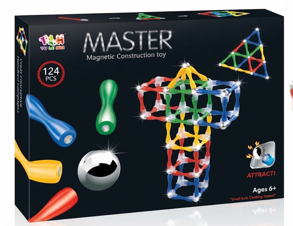 A boxed magnetic construction toy set on a black background. The packaging shows the brand name 'Tutti' and the product name 'MASTER Magnetic Construction toy', with colorful toy pieces and a assembled tower illustration printed on the box.