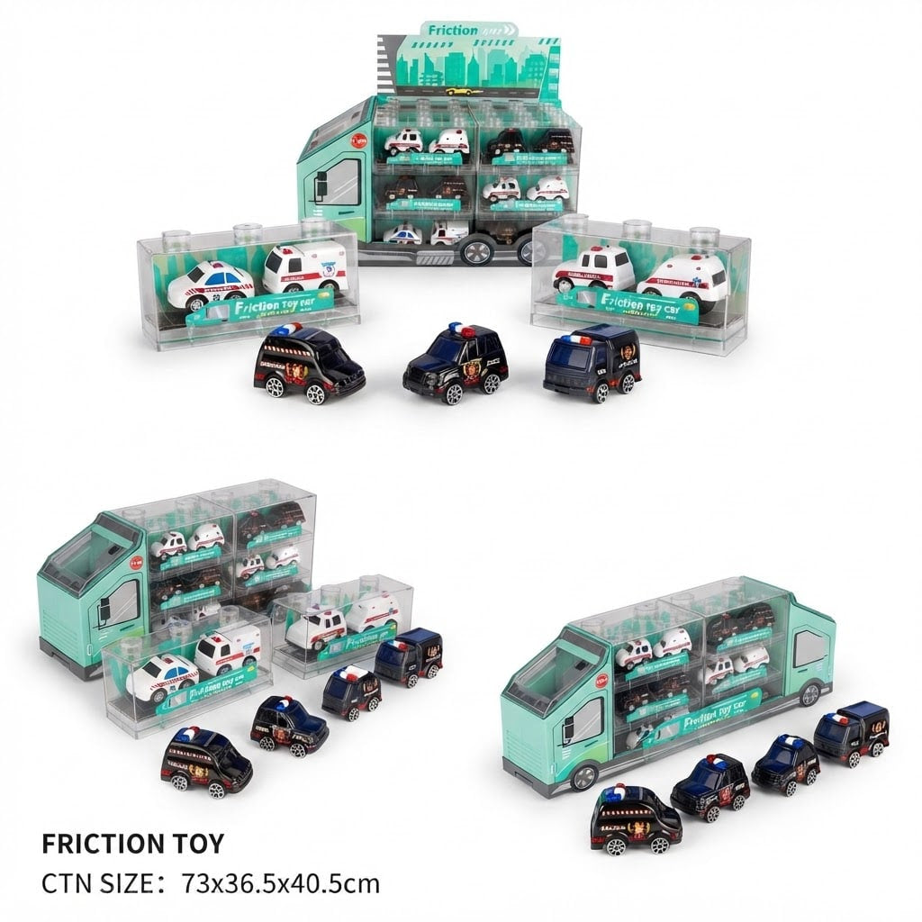 Three views of a Friction Toy set featuring miniature police car playsets, including a large double-decker trailer with small toy cars and several individual police cars, shown on a white background with text indicating the size.