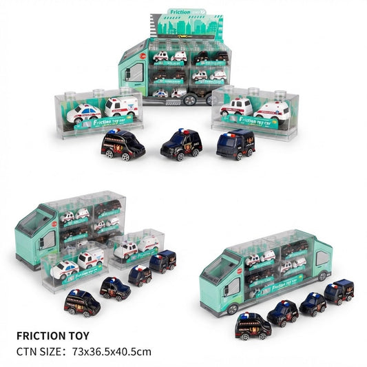 Three views of a Friction Toy set featuring miniature police car playsets, including a large double-decker trailer with small toy cars and several individual police cars, shown on a white background with text indicating the size.