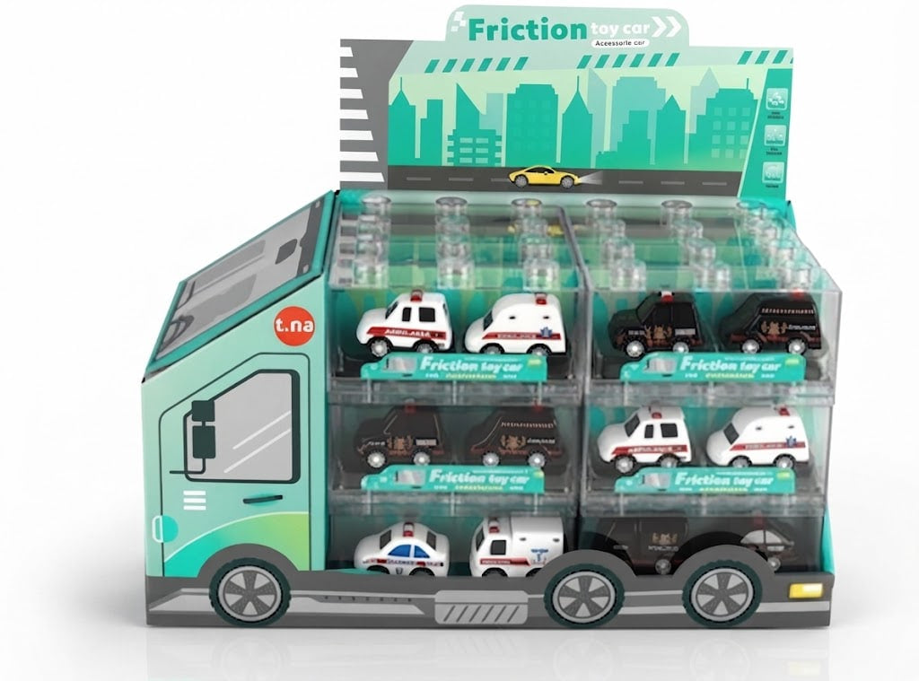 A Friction Toy Co. toy car display truck shaped like a teal and gray ambulance, holding multiple small toy cars in clear plastic compartments.