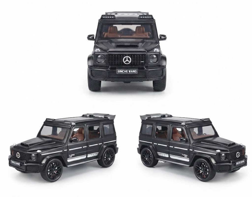 Three views of a black Mercedes-Benz G-Class model car on a white background, showing the front, front three-quarter, and side profiles.