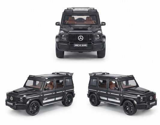 Three views of a black Mercedes-Benz G-Class model car on a white background, showing the front, front three-quarter, and side profiles.