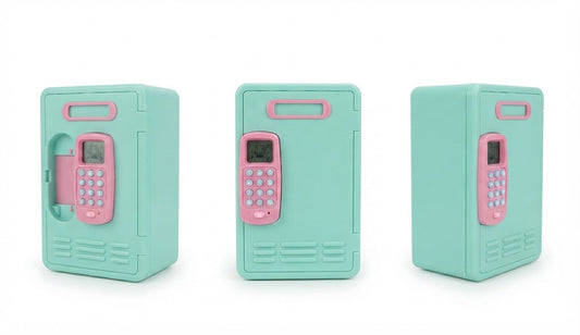 Three views of a small mint green toy safe with a pink keypad and handle, shown on a plain white background.