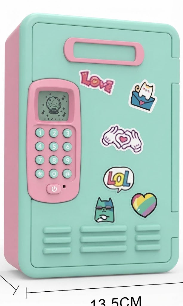 A mint green and pink toy safe with a retro keypad, decorative stickers, and a handle, shown on a white background with a 13.5cm width measurement indicator.