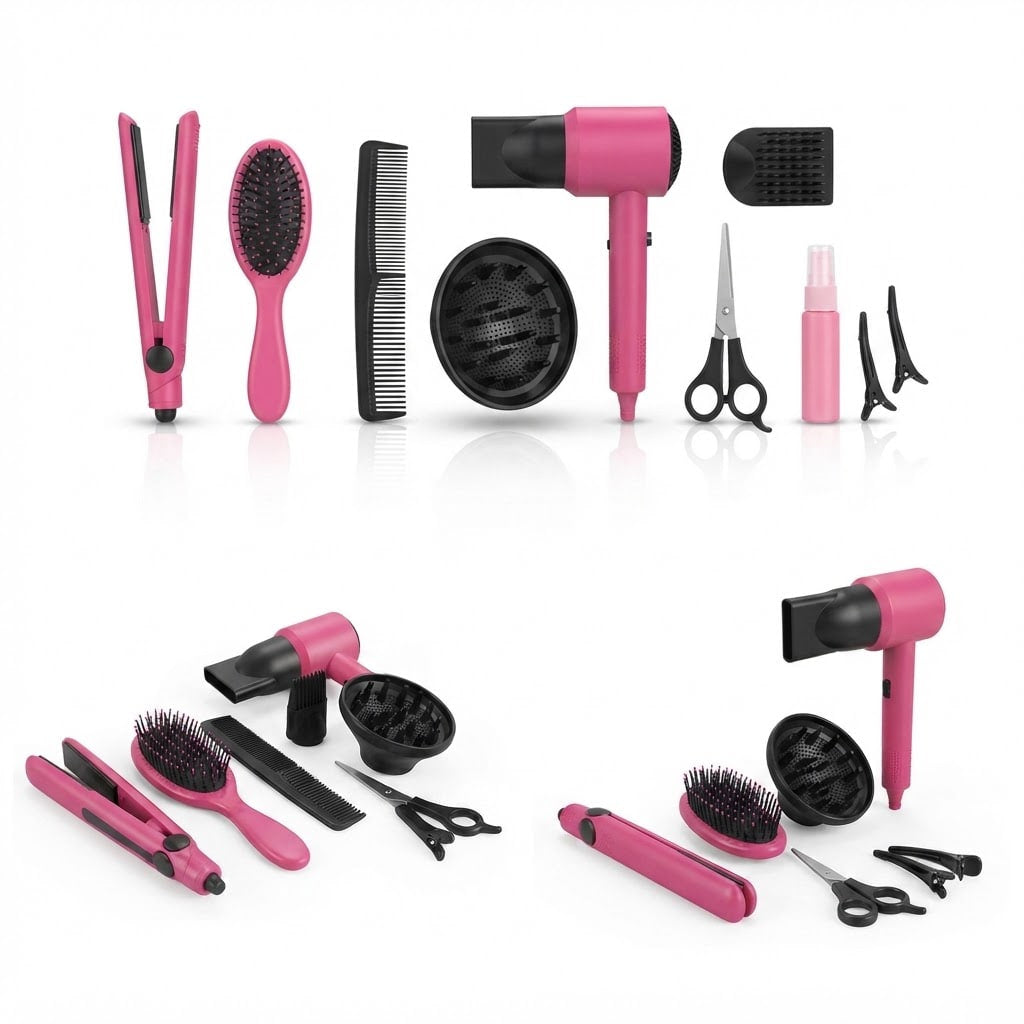 A pink and black hair styling kit arranged on a white background, including a hair straightener, hairbrush, comb, hair dryer with diffuser attachment, scissors, styling clips, and a small spray bottle. The image shows two views of the same set on a clean studio background.