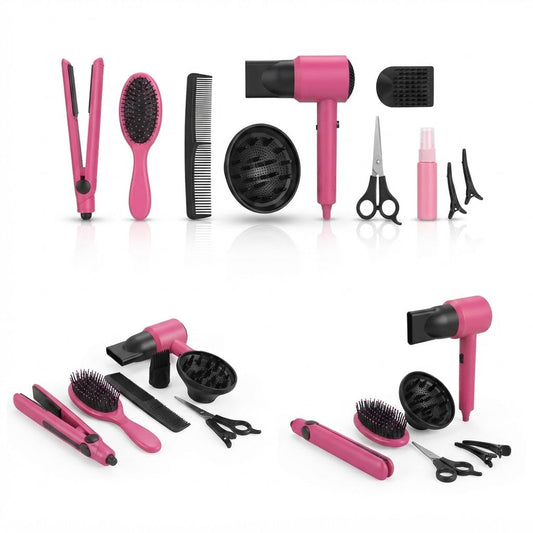 A pink and black hair styling kit arranged on a white background, including a hair straightener, hairbrush, comb, hair dryer with diffuser attachment, scissors, styling clips, and a small spray bottle. The image shows two views of the same set on a clean studio background.