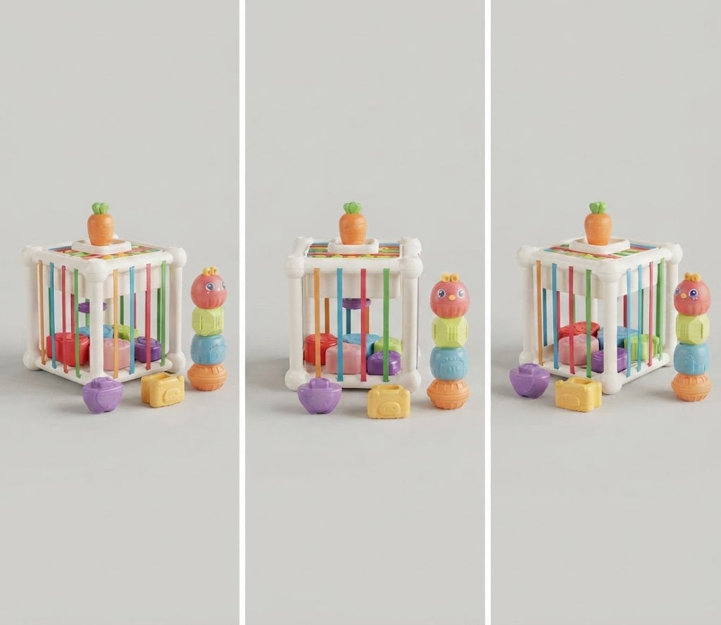 Three views of a baby toy activity cube set on a light gray background. The set includes a white plastic activity cube with colorful vertical bars, a small orange carrot topper, a stacker toy, and small blocks. china toys wholesale market in lahore,