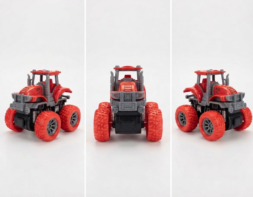 A red and gray toy monster truck shown from three angles (front, back, and side) on a clean white background.