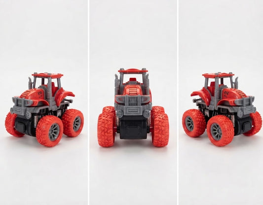 A red and gray toy monster truck shown from three angles (front, back, and side) on a clean white background.
