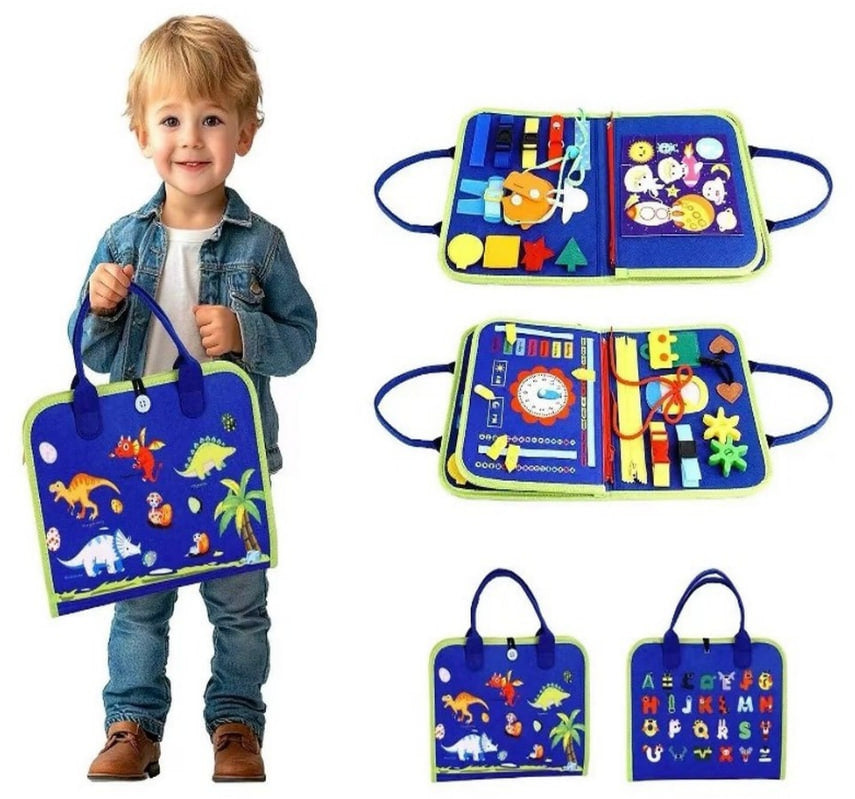 A toddler stands on the left holding a blue fabric activity book bag with dinosaur prints and blue handles. On the right, three larger and two smaller views show the open and closed views of the same activity book bag with colorful felt inserts, alphabet patches, and toy pieces.