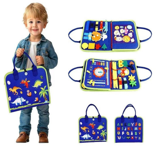 A toddler stands on the left holding a blue fabric activity book bag with dinosaur prints and blue handles. On the right, three larger and two smaller views show the open and closed views of the same activity book bag with colorful felt inserts, alphabet patches, and toy pieces.