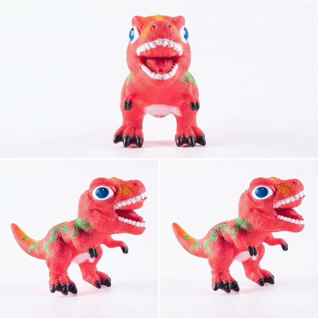 A red T-rex dinosaur toy shown in three views on a white background: one centered top view and two side views below. The toy has blue eyes, a wide open mouth with white teeth, green and yellow mottled markings, black claws, and a white underbelly.