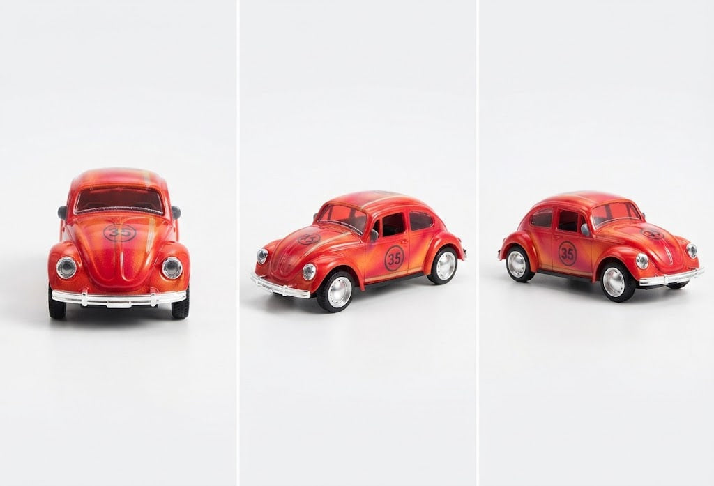 Three views of a red toy model car designed like a classic Volkswagen Beetle, featuring a flame pattern on a clean white background.