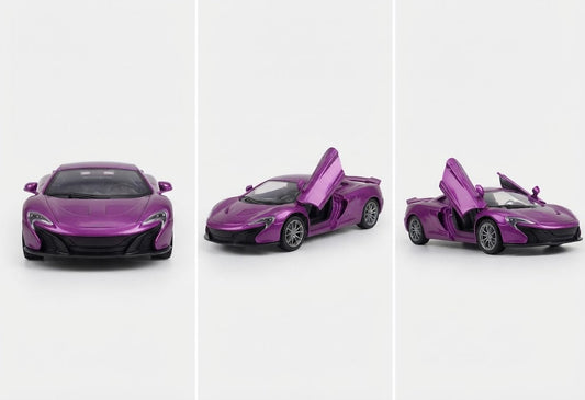 A metallic purple toy sports car shown in three views against a light gray background: front view, side view with doors open, and rear three-quarter view with doors open. best rechargeable rc sports car with openable doors for kids