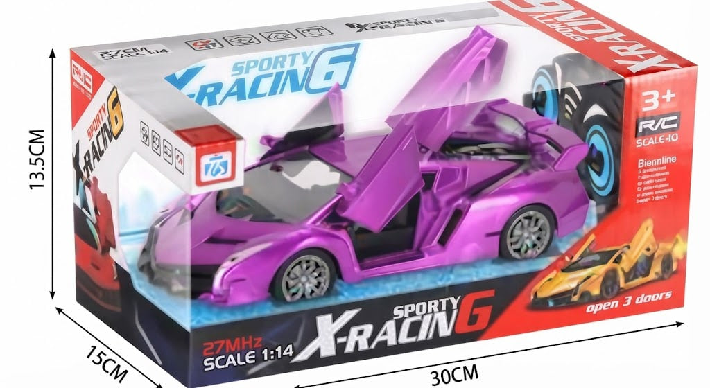 Boxed toy RC racing car set shown in retail packaging, featuring a purple scale 1:14 sports car with open doors and a remote control speaker accessory. rechargeable remote control sports car, rc car with openable doors, rechargeable rc sports car, remote control racing toy car, electric rc sports car kids