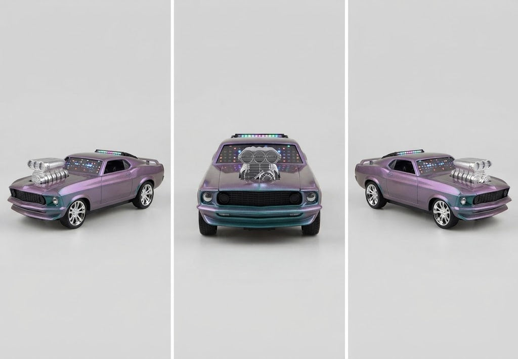 A purple die-cast model car shown from three angles in a three-panel layout against a light gray background. The car has a metallic purple body, a teal front bumper and grille, a chrome engine block, and a multi-colored light bar on the roof.