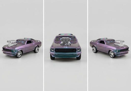 A purple die-cast model car shown from three angles in a three-panel layout against a light gray background. The car has a metallic purple body, a teal front bumper and grille, a chrome engine block, and a multi-colored light bar on the roof.