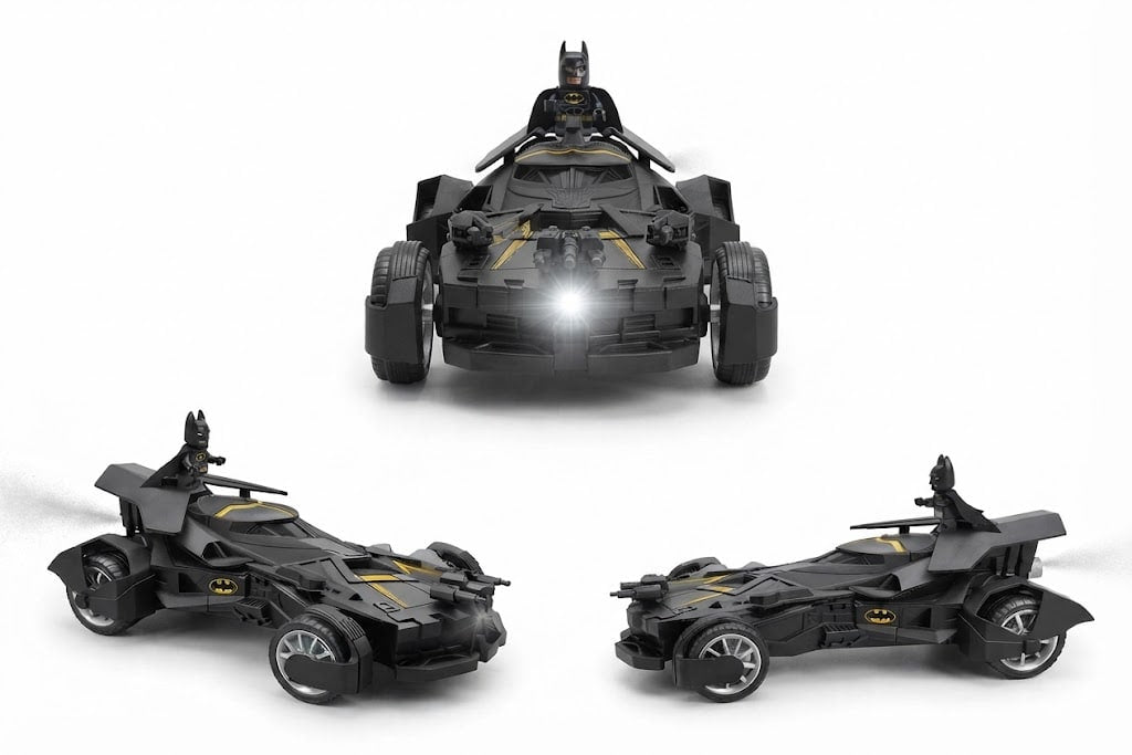 Three views of a black Batman Batwing toy vehicle on a clean white background, with a small Batman figure seated in the cockpit.