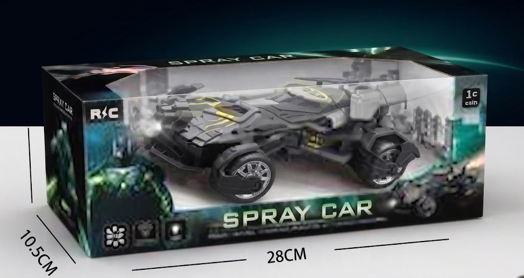 A boxed RC spray car toy shown in its retail packaging, with measurement lines and labels indicating 28 cm width and 10.5 cm height.