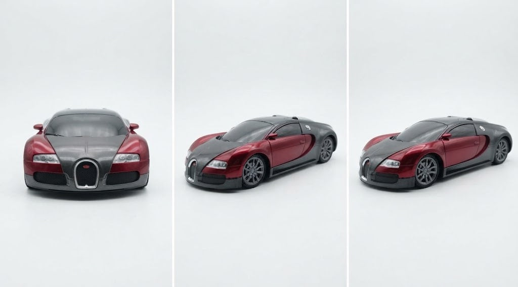 Three views of a toy model car resembling a Bugatti Veyron, shown from the front, three-quarter, and side angles on a light gray background.
