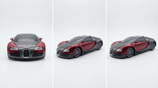Three views of a toy model car resembling a Bugatti Veyron, shown from the front, three-quarter, and side angles on a light gray background.