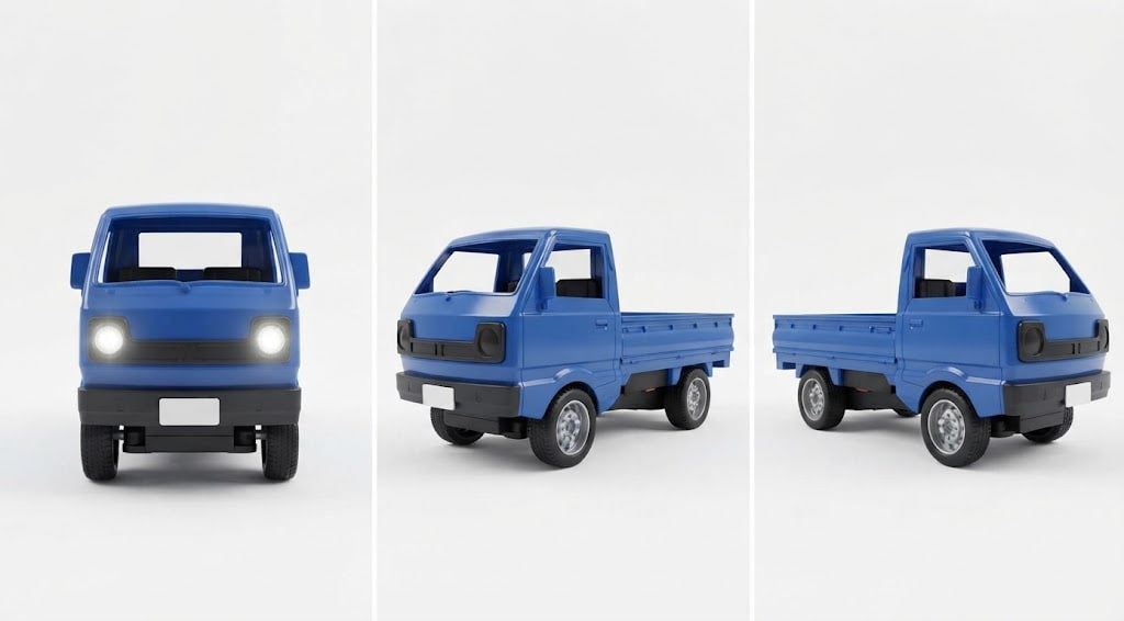 A blue toy or model small pickup truck shown from three angles on a clean light gray studio background: front view with headlights on, side view, and rear three-quarter view. rechargeable RC pickup truck for kids, RC truck with smoke effect, remote control pickup truck, water mist smoke toy truck, rechargeable RC vehicle