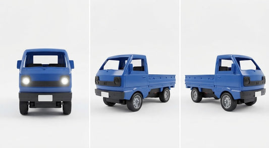 A blue toy or model small pickup truck shown from three angles on a clean light gray studio background: front view with headlights on, side view, and rear three-quarter view. rechargeable RC pickup truck for kids, RC truck with smoke effect, remote control pickup truck, water mist smoke toy truck, rechargeable RC vehicle