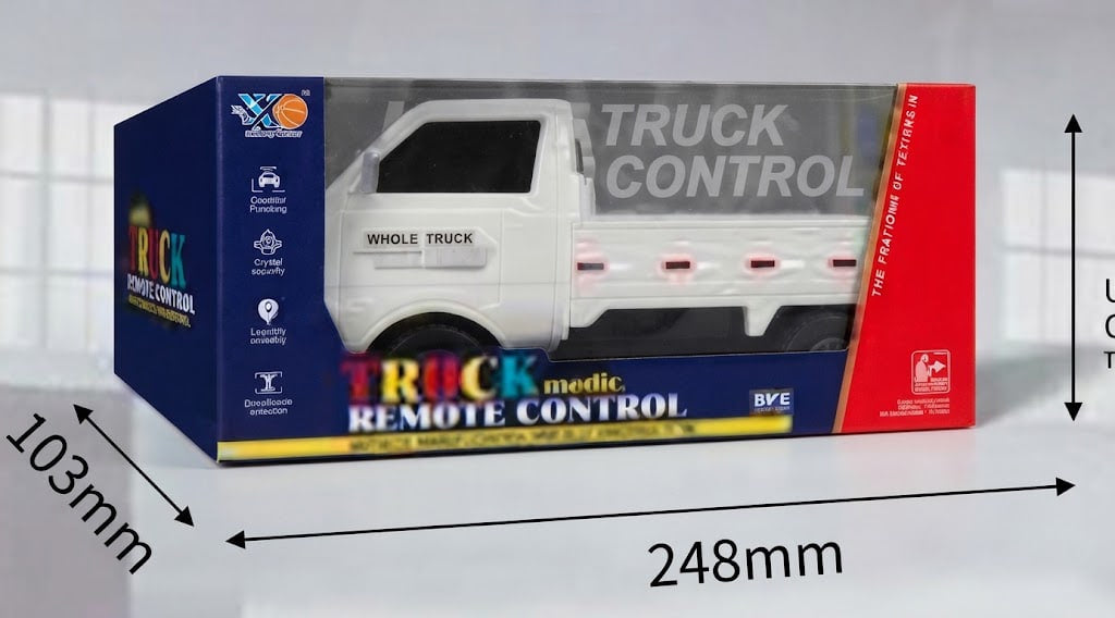 A boxed remote control toy truck shown in its retail packaging, with dimension arrows and labels indicating 103mm width, 248mm length, and height. The package is blue, red, and yellow, and the visible truck inside is white with black details.
