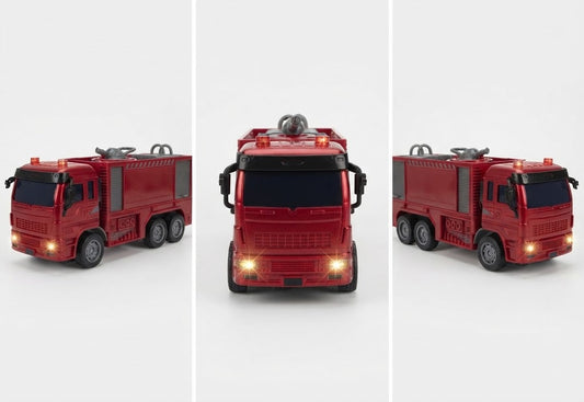 A red toy fire truck shown from three angles on a light gray background: front view in the center and side views on the left and right.