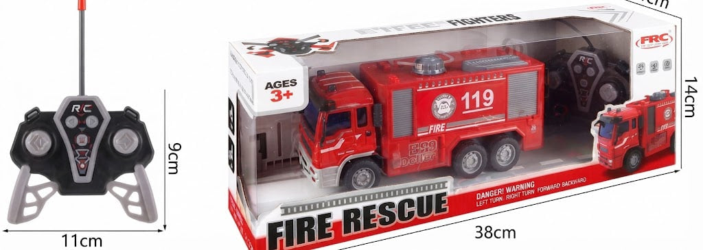 A red fire rescue toy truck shown in its retail packaging alongside a black remote control. The box includes dimensions labeled 38cm, 14cm, and 11cm, and the remote is labeled 11cm by 9cm.