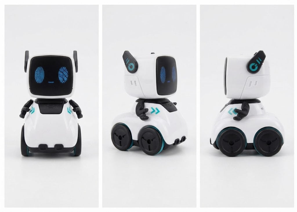 Three views of a small white and black robot toy with blue accents, shown on a clean light gray background.