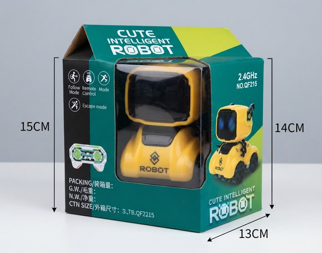 A boxed toy robot shown on a light gray studio background, with printed dimensions (15CM, 14CM, 13CM) overlaid around the package. The box is teal and lime green with a clear window revealing a yellow robot inside, plus a small remote control illustration on the front.