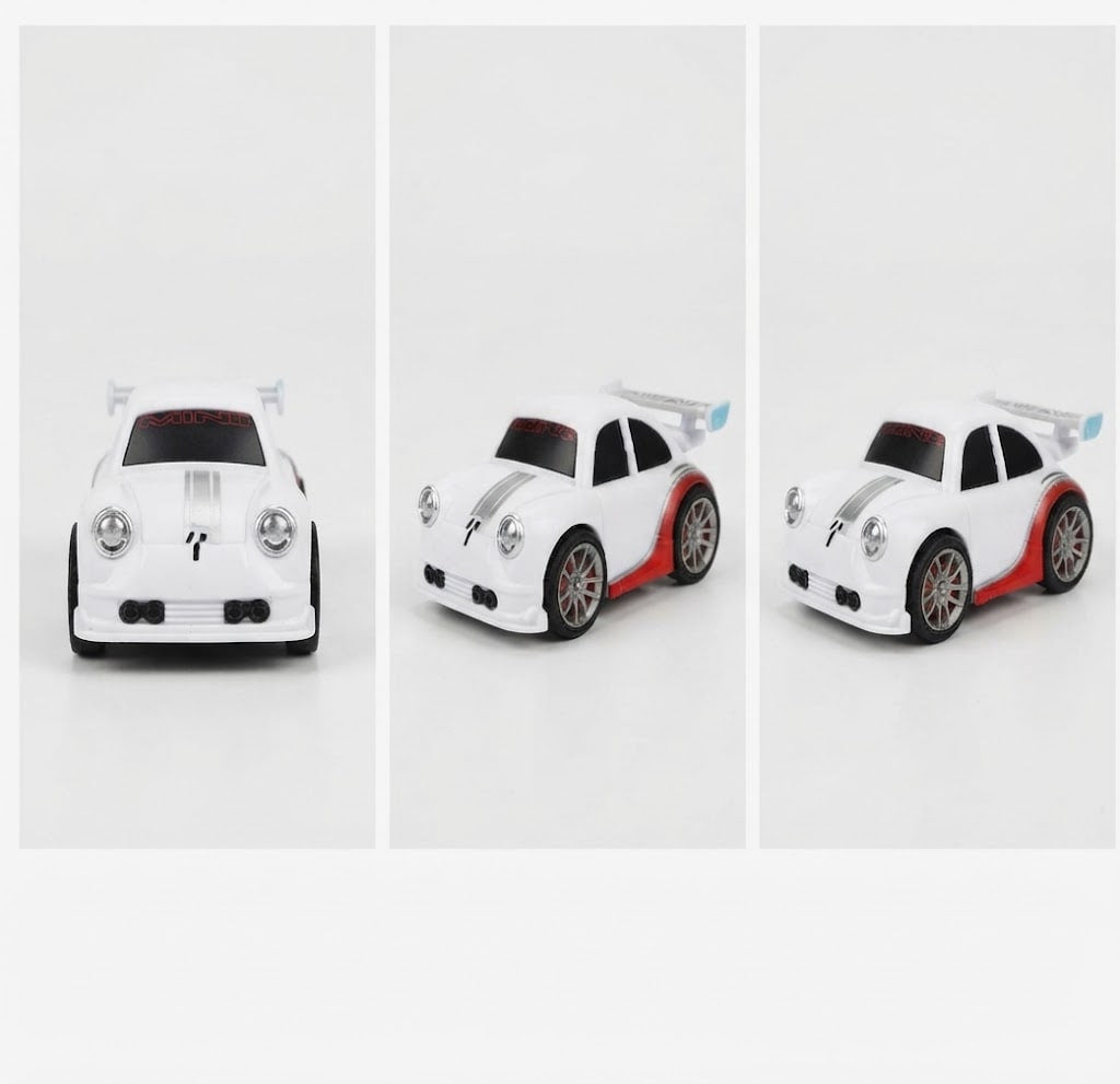 A small white toy sports car shown from three angles in a three-panel layout on a light gray background. The car has red side accents, black wheels, and a small blue accent near the rear spoiler.