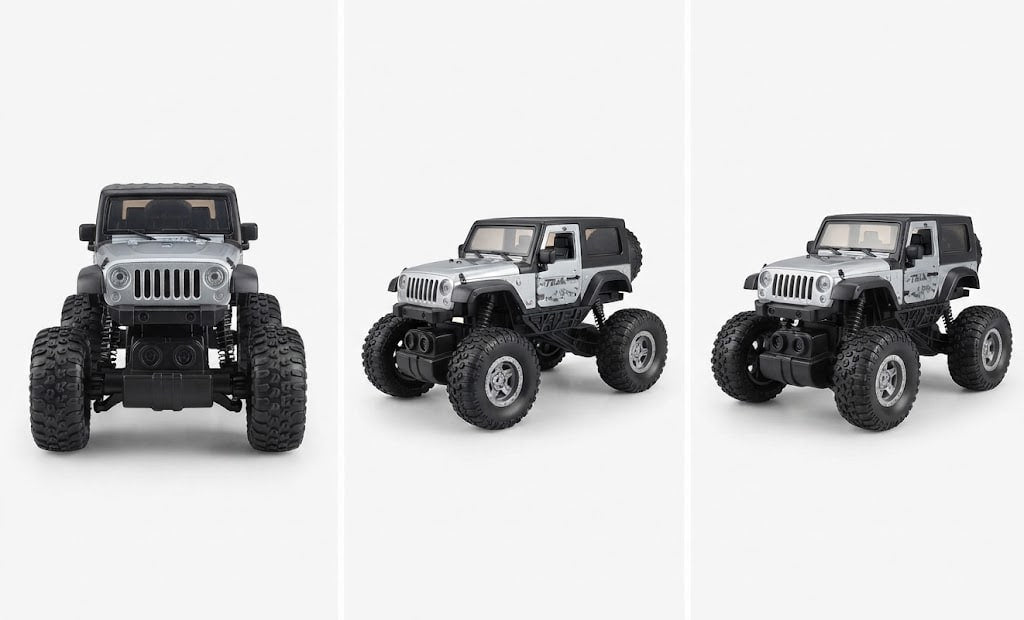 Three views of a silver and black RC Jeep Wrangler toy on a light gray background.