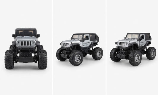 Three views of a silver and black RC Jeep Wrangler toy on a light gray background.