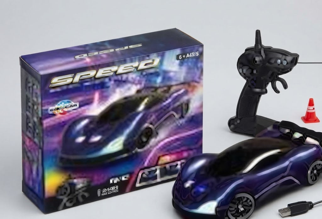 A remote control sports car set including a metallic purple toy car, a black handheld controller, a USB charging cable, and its retail packaging box on a light gray background.