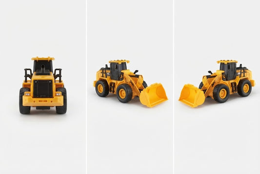 A yellow and black toy construction vehicle shown from three angles on a light gray background: front view, side view with bucket lowered, and side view with bucket raised.