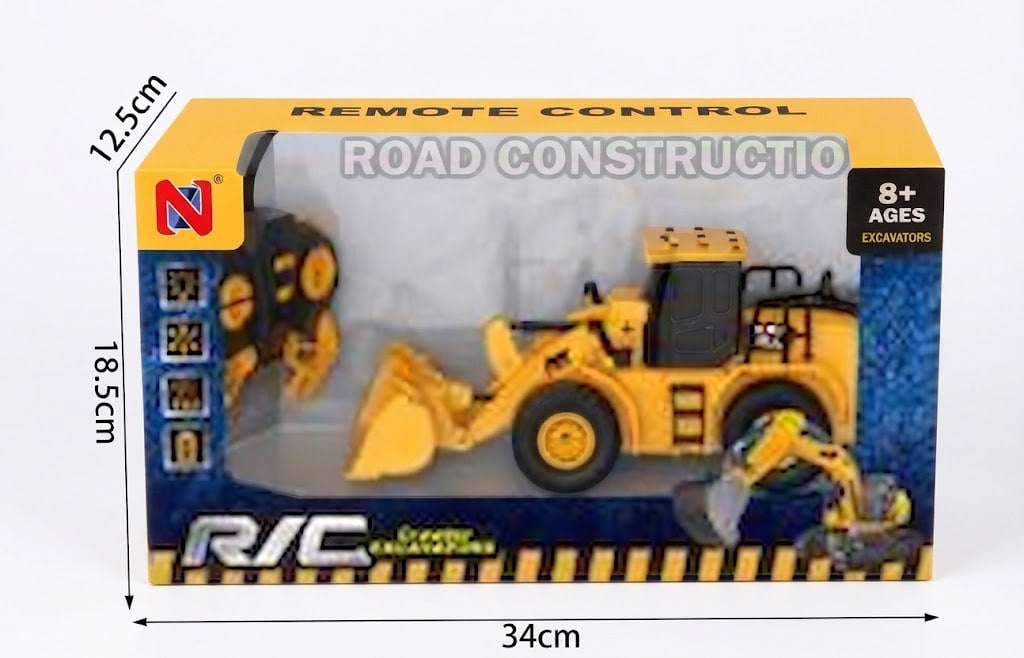 A boxed remote control toy road construction vehicle set shown on a plain white background, with dimension labels indicating 12.5 cm height, 18.