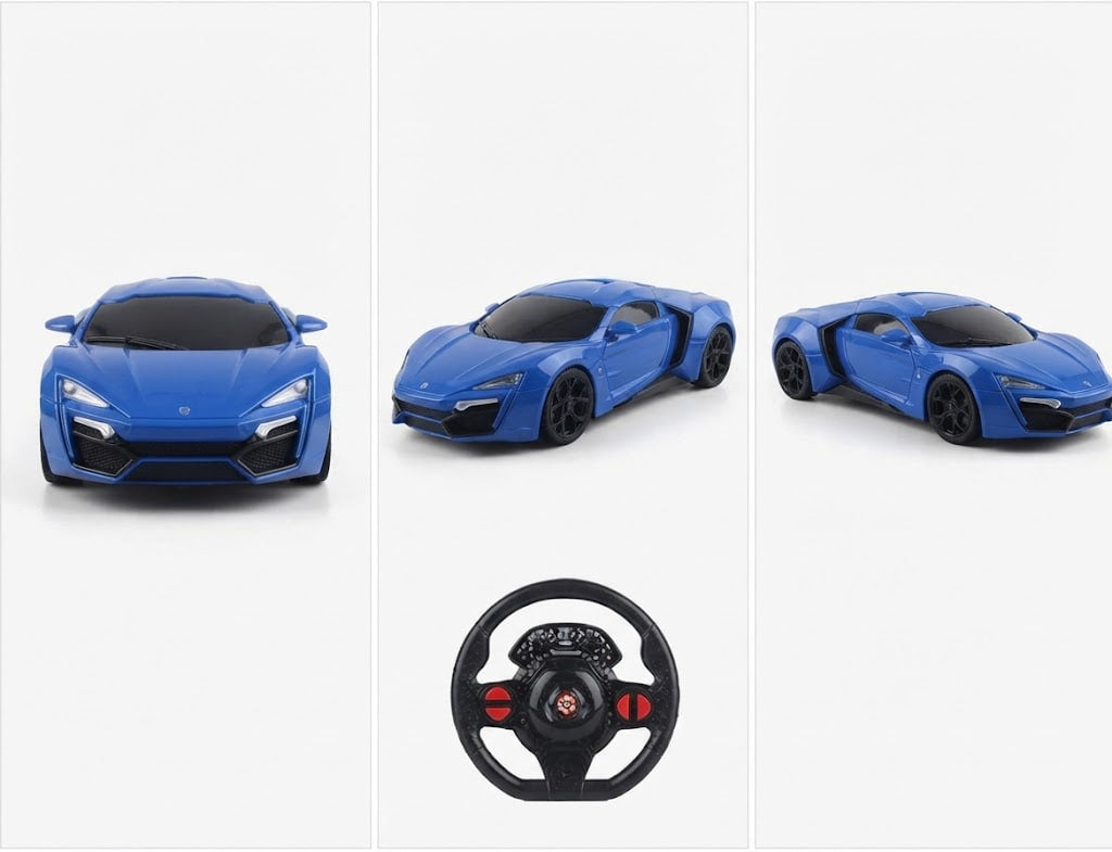 A blue toy sports car shown from three angles above a black steering wheel controller on a light gray background.