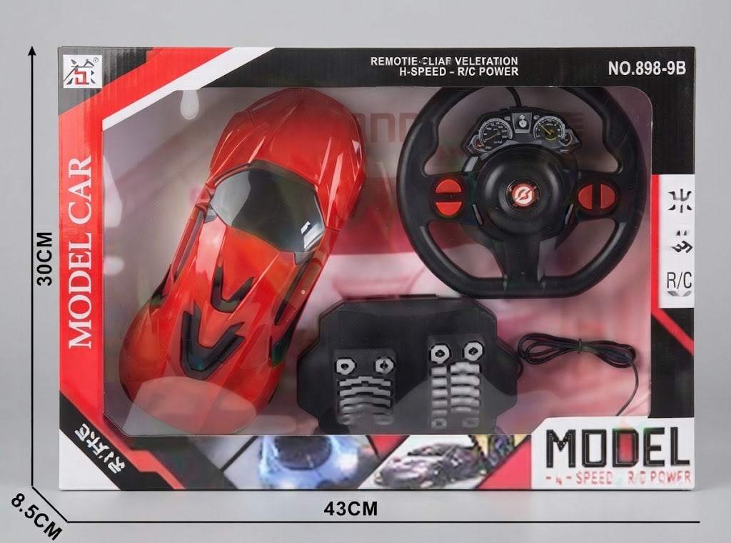 Remote control model car set in its retail packaging, featuring a red toy car, black steering wheel, and black throttle/brake pedals, with dimensions 30cm by 43cm shown on the box.