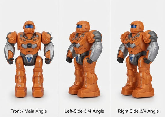 Three views of an orange and silver robot toy figure on a light gray background, labeled Front / Main Angle, Left-Side 3/4 Angle, and Right Side 3/4 Angle.