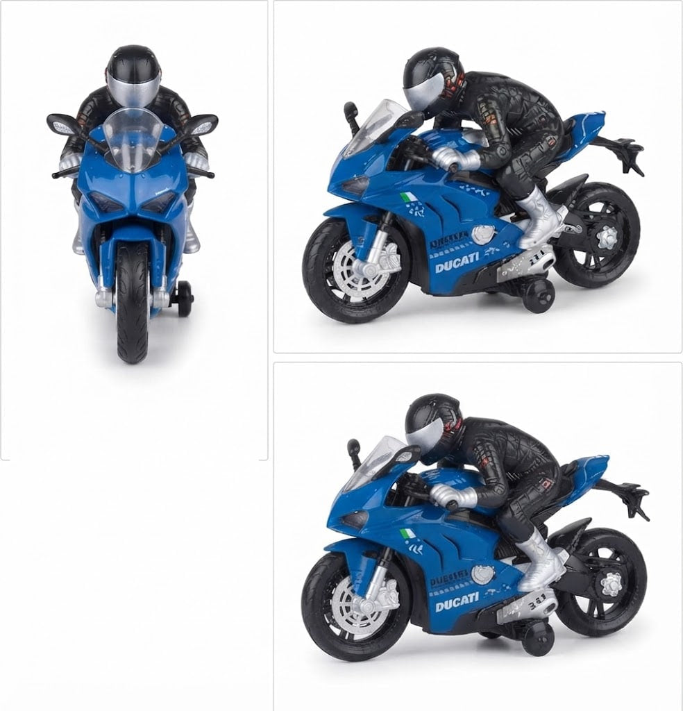 Three views of a blue toy Ducati motorcycle with a rider in black racing gear, shown on a plain white background. 
1:20 rechargeable RC motorcycle remote control toy for kids