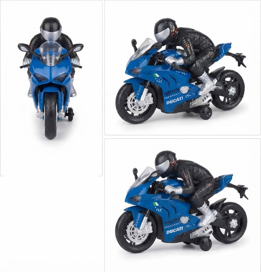 Three views of a blue toy Ducati motorcycle with a rider in black racing gear, shown on a plain white background. 
1:20 rechargeable RC motorcycle remote control toy for kids