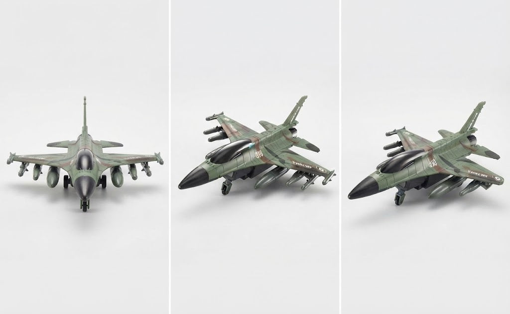 Three views of a small military fighter jet model or toy airplane shown on a light gray background, with front, side, and angled views side by side.