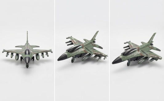 Three views of a small military fighter jet model or toy airplane shown on a light gray background, with front, side, and angled views side by side.