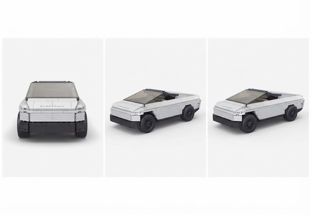 Three views of a white electric pickup truck with a black convertible top, shown on a clean light gray background.