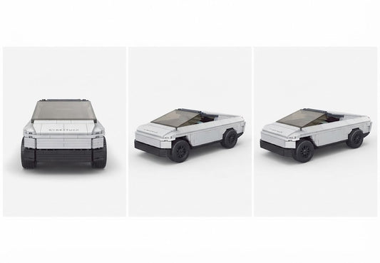 Three views of a white electric pickup truck with a black convertible top, shown on a clean light gray background.