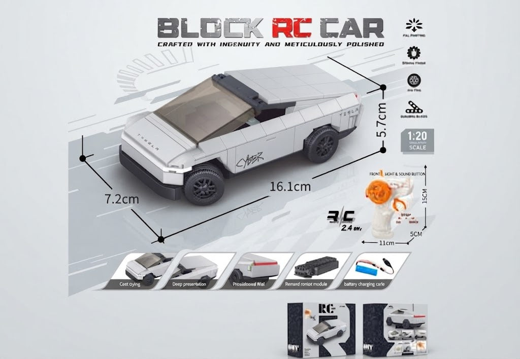 A promotional infographic for a block-style RC car, showing a white and gray toy vehicle with dimension labels (7.2 cm, 16.